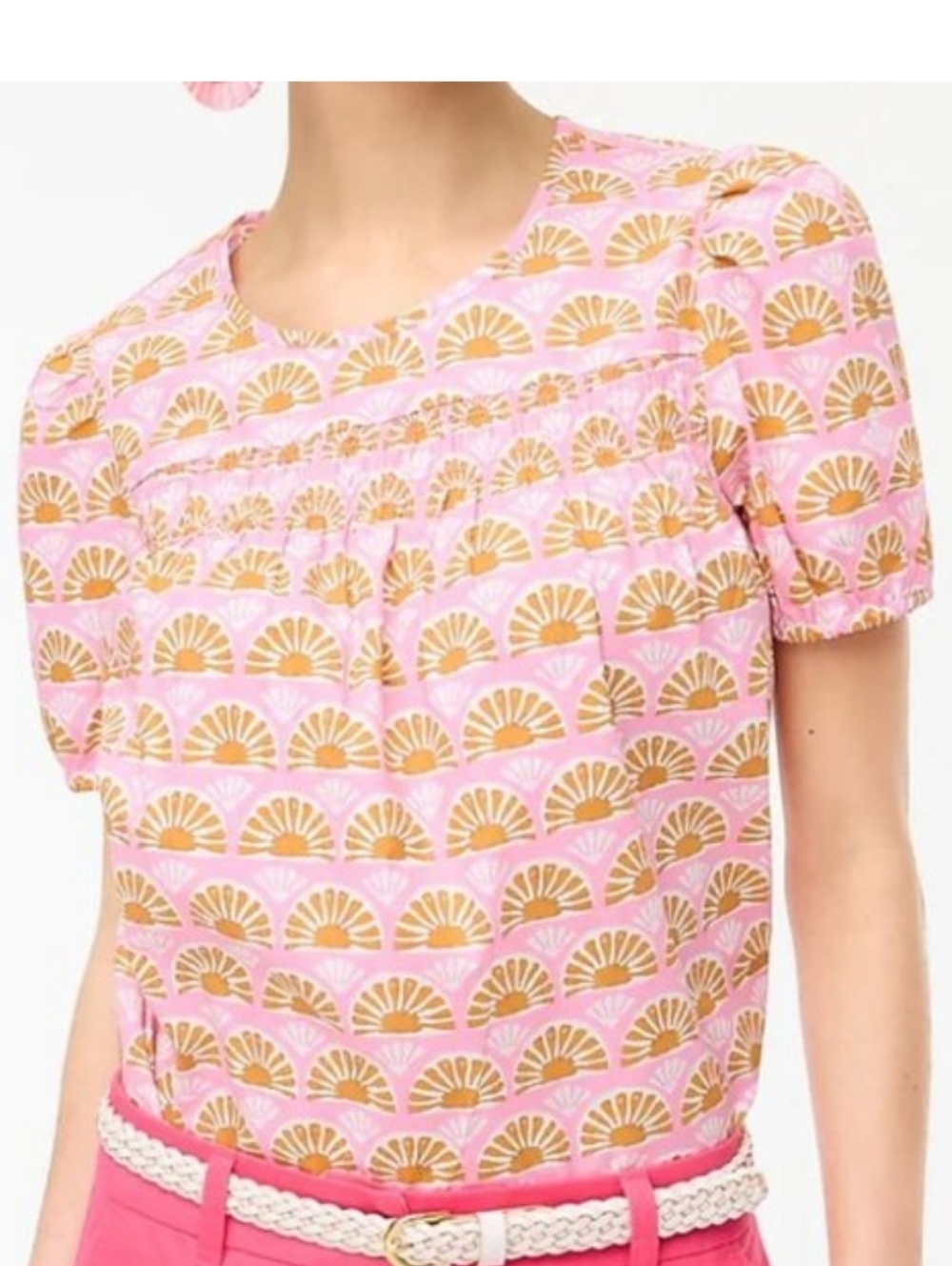 J.Crew Pink Puff-Sleeve Smocked Top with Sunburst Print, Size S